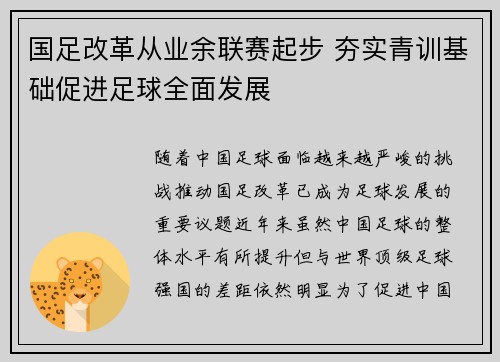 国足改革从业余联赛起步 夯实青训基础促进足球全面发展