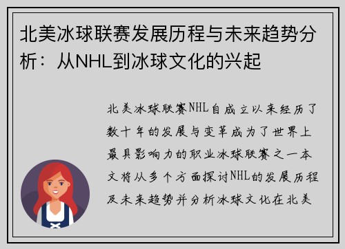 北美冰球联赛发展历程与未来趋势分析：从NHL到冰球文化的兴起